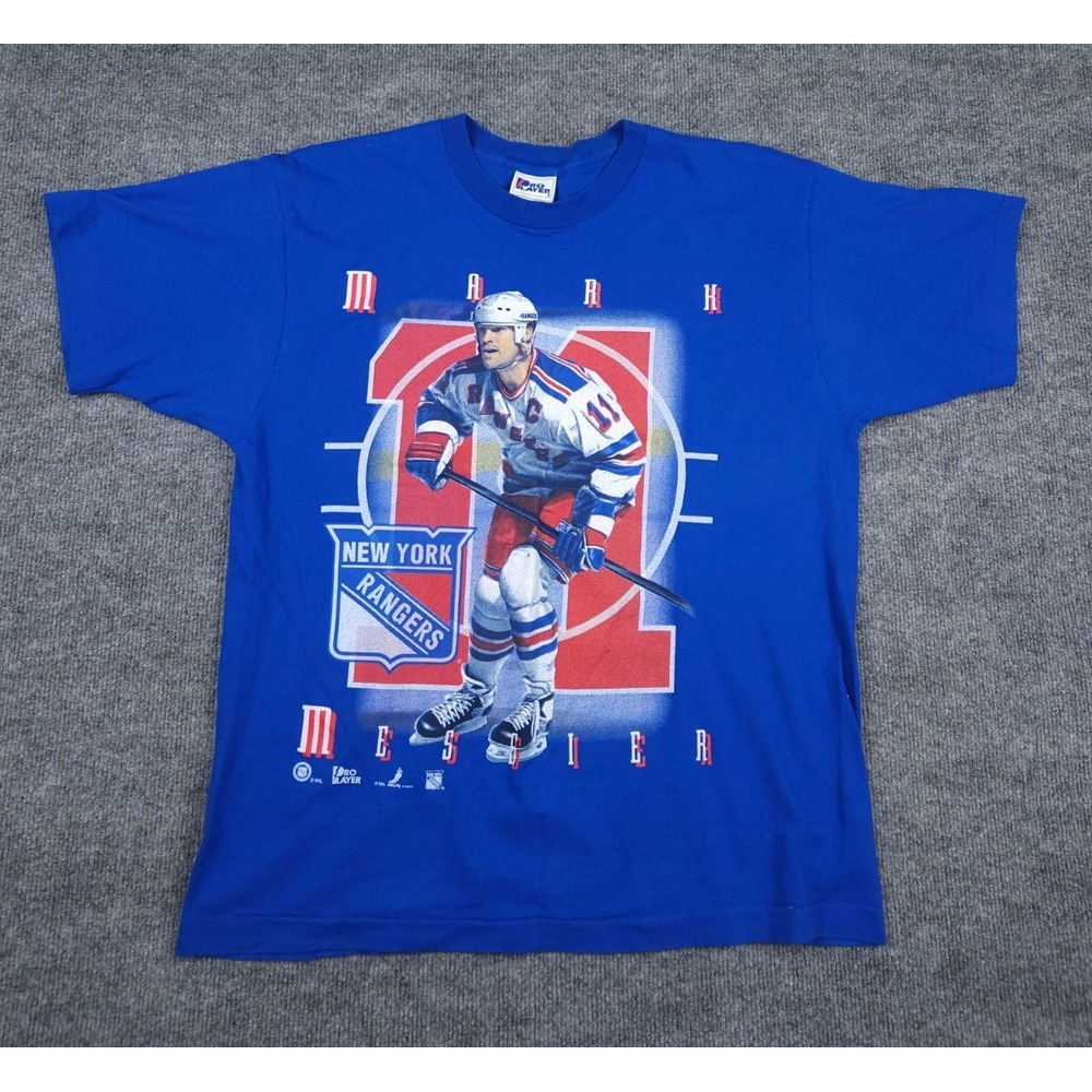 Vintage Mark Messier T Shirt Men's Large Blue Rangers Graphic Made USA Pro Playe